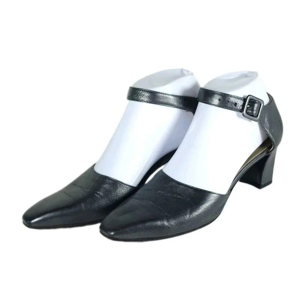 Yves Saint Laurent Women's Vtg US7M Metallic Gray Leather D'Orsay Pumps Shoes